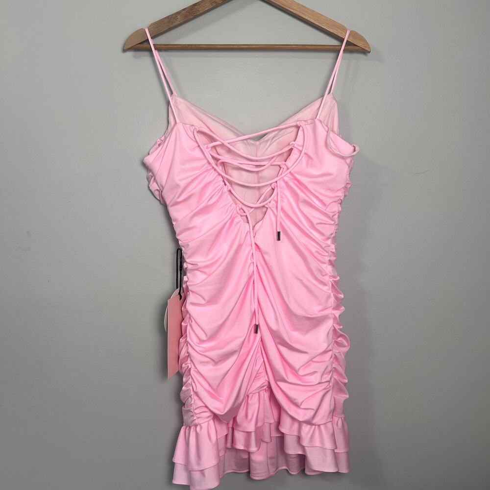 KissProm Spaghetti Strap Sheath Lace Up Back Homecoming Dress Ruched Ruffle sz 9 - Picture 6 of 9